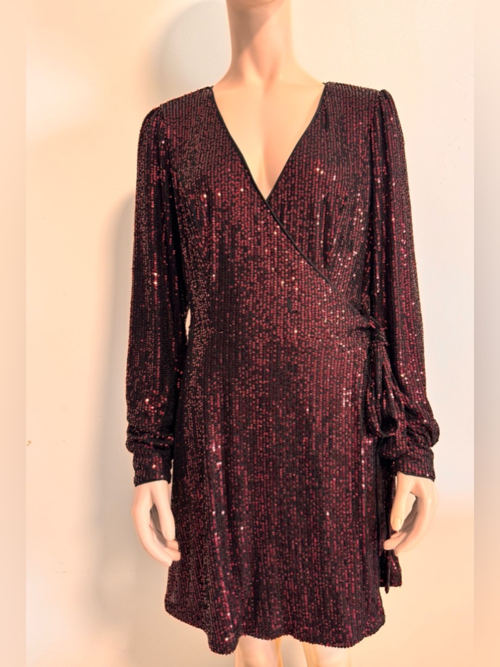 Red Sequin Wrap Dress Long Sleeve Mini Holiday Party Cocktail Dress - Picture 2 of 4
